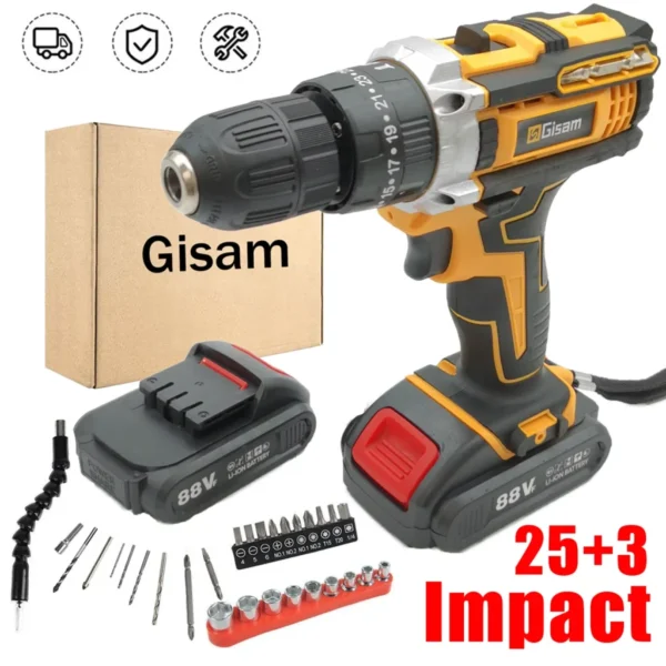 3 In 1 Impact Cordless Electric Drill Screwdriver Electric Drill 25 Torque 2 Speeds Battery Driver Power Tool Bit Accessories