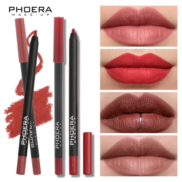 PHOERA 1/3Pcs Waterproof Matte Lipliner Pencil Sexy Charming Tint Red Lip Liner Lasting Color Rendering Lip Makeup Non-stick Cup