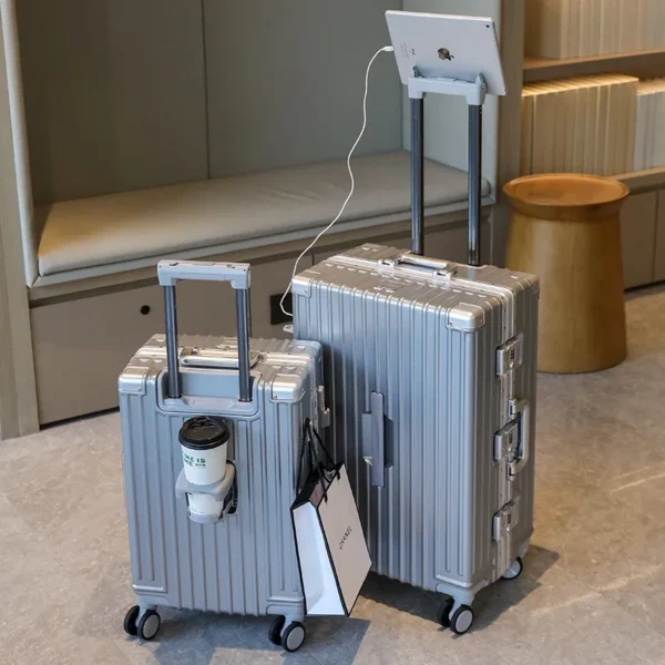 Aluminum frame travel suitcase on Mute wheels password business USB rolling luggage case Multifunction large size luggage