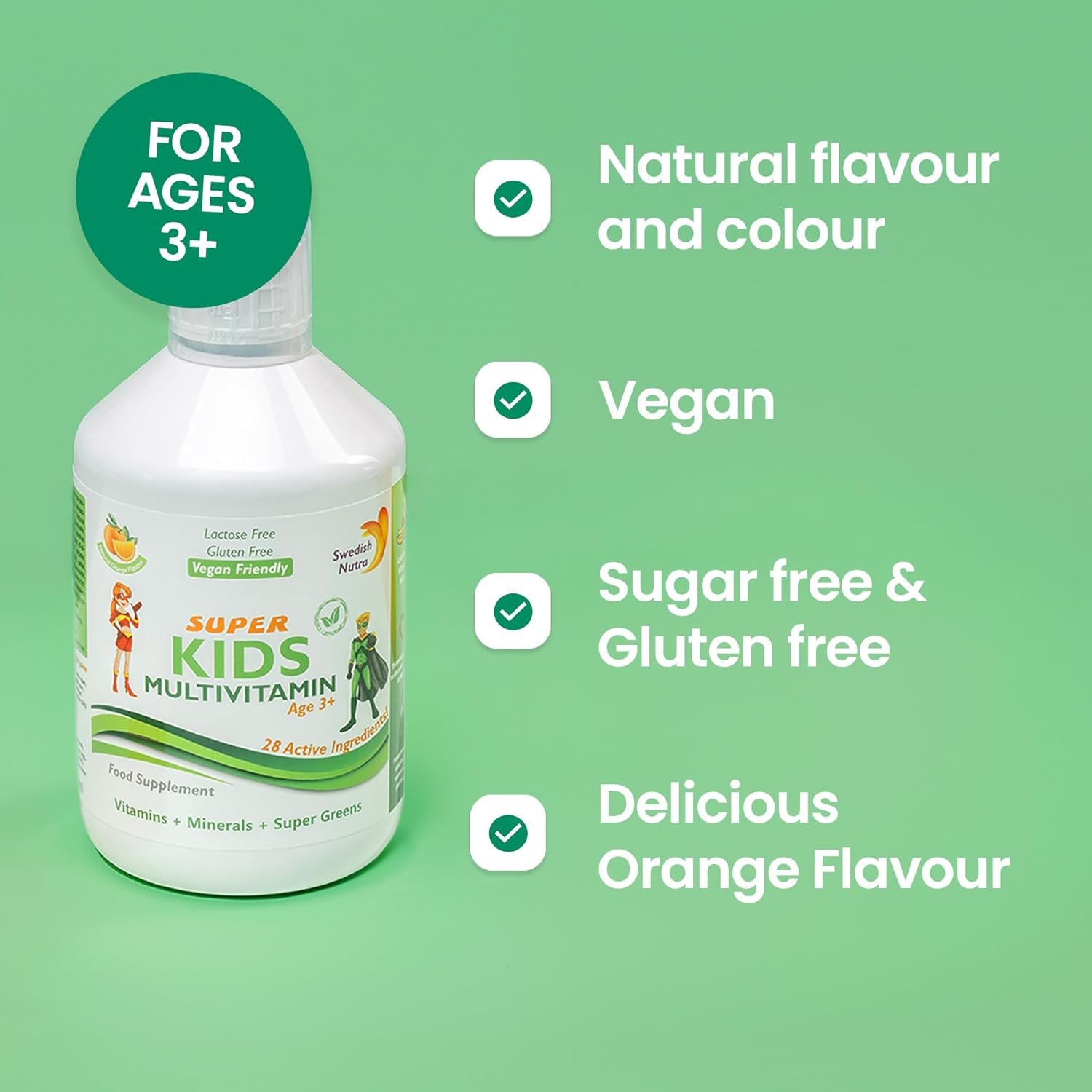 swedish nutra super kids liquid multivitamin (500 ml, 33 day supply) delivers essential vitamins, minerals, and super greens to support healthy growth, energy, and immune function. with a natural orange flavour kids love. suitable for ages 3+. swedish nutra super kids liquid multivitamin (500 ml, 33 day supply) delivers essential vitamins, minerals, and super greens to support healthy growth, energy, and immune function. with a natural orange flavour kids love. suitable for ages 3+.