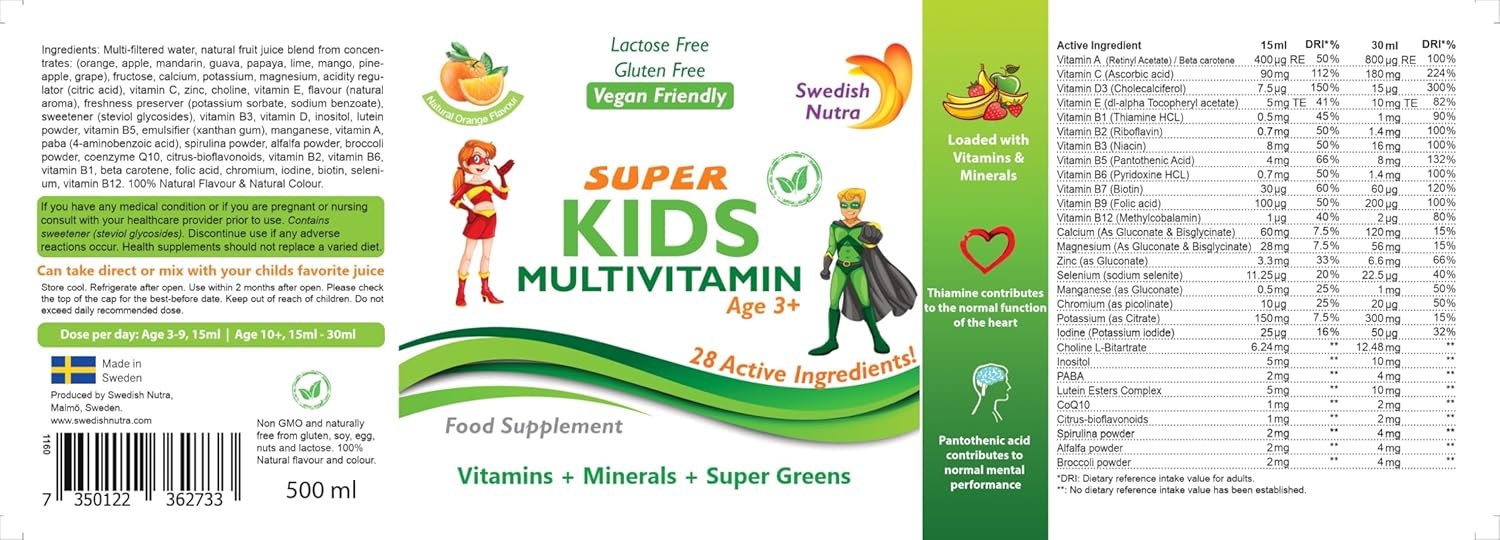 swedish nutra super kids liquid multivitamin (500 ml, 33 day supply) delivers essential vitamins, minerals, and super greens to support healthy growth, energy, and immune function. with a natural orange flavour kids love. suitable for ages 3+. swedish nutra super kids liquid multivitamin (500 ml, 33 day supply) delivers essential vitamins, minerals, and super greens to support healthy growth, energy, and immune function. with a natural orange flavour kids love. suitable for ages 3+.